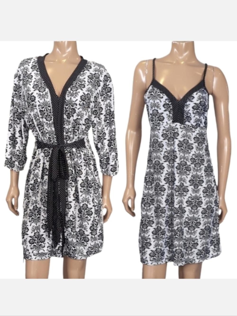 Laura Ashley Sleepwear Set Womens Size Large Black White Damask Robe Dress PJs